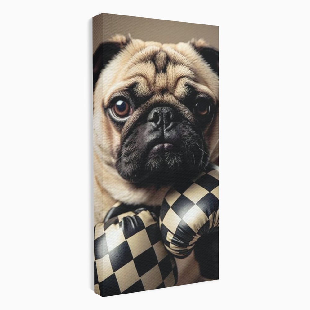 Tablou canvas cu tablou canvas cu pug in manusi de box, fara rama, pe sasiu de lemn